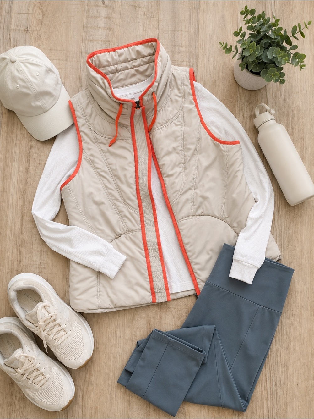 Luii lightweight Vest beige with orange Trim Zip and snap Front High Collar